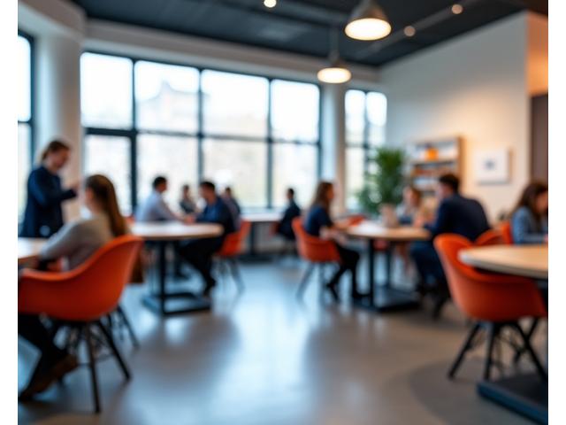Een moderne co-working space in Utrecht, gevuld met jonge professionals die samenwerken aan laptops